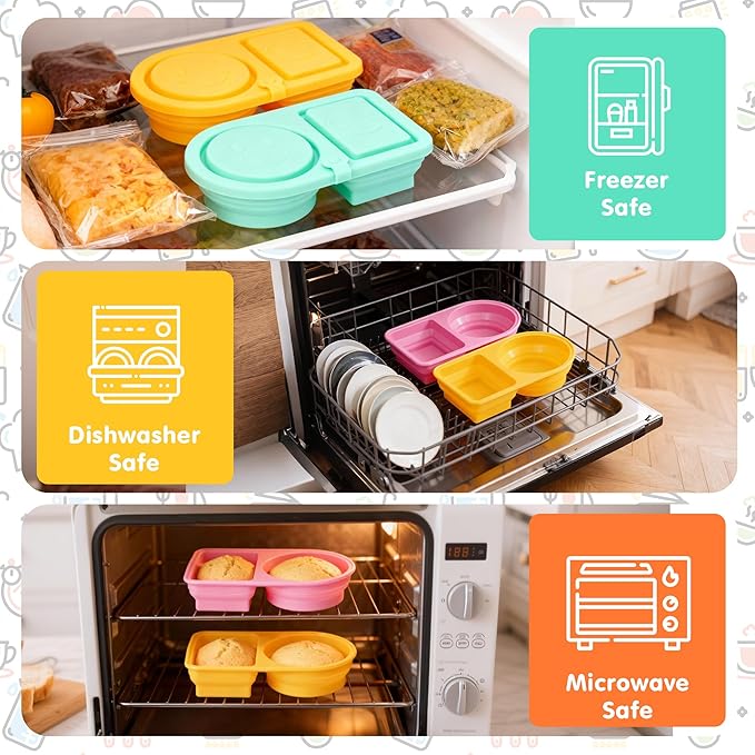 Silicone Reusable Snack Containers - 4PCS Double Compartment Snackle Box with Lids for Kids & Adults, Portable Leakproof Food Storage Boxes for Salad Dressing, Sauces, Picnic, Travel