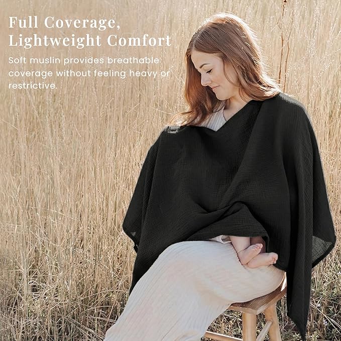 Konssy Muslin Nursing Cover for Breastfeeding, 360° Full Privacy Breathable 100% Cotton Breastfeeding Cover, Multi-use Carseat Canopy(Black)