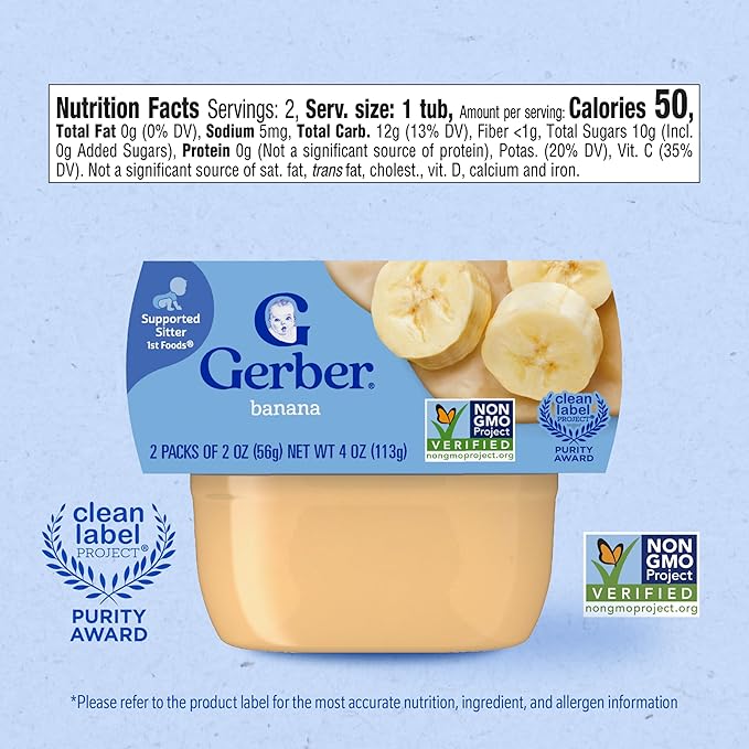 Gerber Stage 1 Baby Food, Banana Puree Tubs, No Artificial Colors or Flavors, Baby Puree, 16-Pack