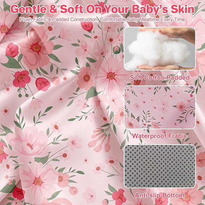 BEBOAN High Chair Cover for Restaurant, Portable Highchair Seat Covers with 3-Point Adjustable Safety Harness and Bag, for Eating/Travel/Home Use, Machine Washable, Fit Wooden Chairs (Pink Flower)