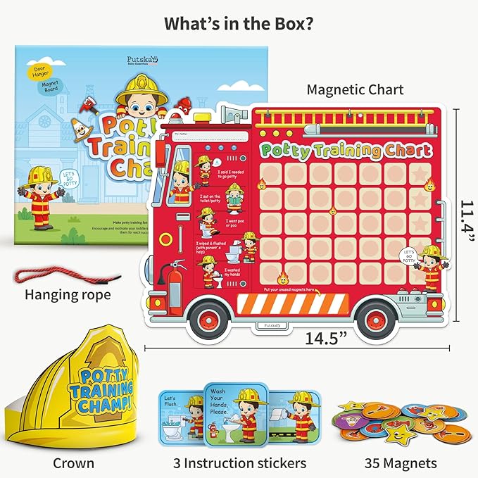 Potty Training Chart with 35 Stickers, 3 Reminder Stickers and Crown for Toddlers Boys and Girls - Potty Training Rewards for Kids - Fireman