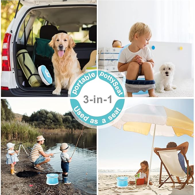 Travel Potty for Toddler, Portable and Foldable Toilet, Apply to Seat Emergency Toilet for Car, Camping, Outdoor, Indoor with 3 Rolls Bag（Light Blue)