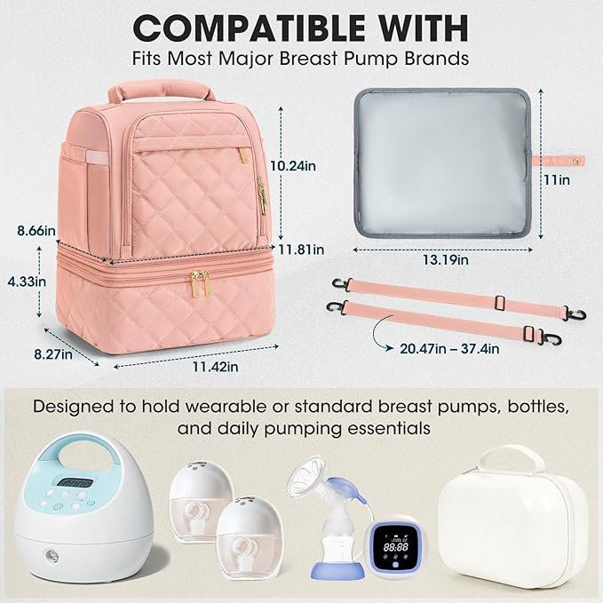 RAINSMORE Wearable Breast Pump Bag, Willow/Eufy/Elvie/Spectra/Medela/Momcozy M5/S12 Pro, Breast Milk Cooler Travel Bag with Cooler Compartment & Ice Pack, Pink