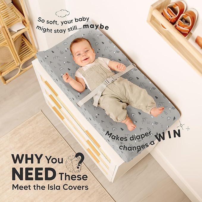 2-Pack Baby Changing Pad Cover for Girl, Boy - 34x18 Soft Viscose Derived from Bamboo Baby Diaper Changing Table Pad Cover Sheets, Neutral, Snug Fit Nursery Diaper Change Sheets (Woodland)