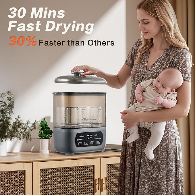 AMZBABYCHEF 4-in-1 Baby Bottle Steamer and Dryer, Electric Steamer with Fast Drying, Universal Fit for All Bottles, LED Touch Screen & Auto Shut-Off Protection (Grey)