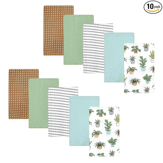 Hudson Baby Unisex Baby Cotton Flannel Burp Cloths, Plants 10 Pack, One Size