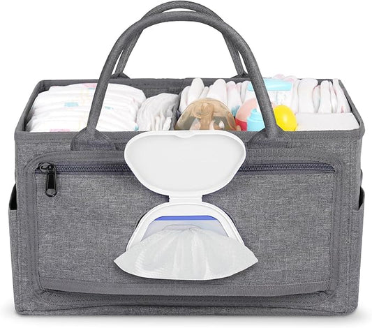 Volnamal Diaper Caddy with Wipe Dispenser One-Handed Access, Premium Diaper Organizer, Portable Car Organizer Nursery Basket for Newborn Essentials, Baby Registry Must Haves for Boys & Girls,Grey