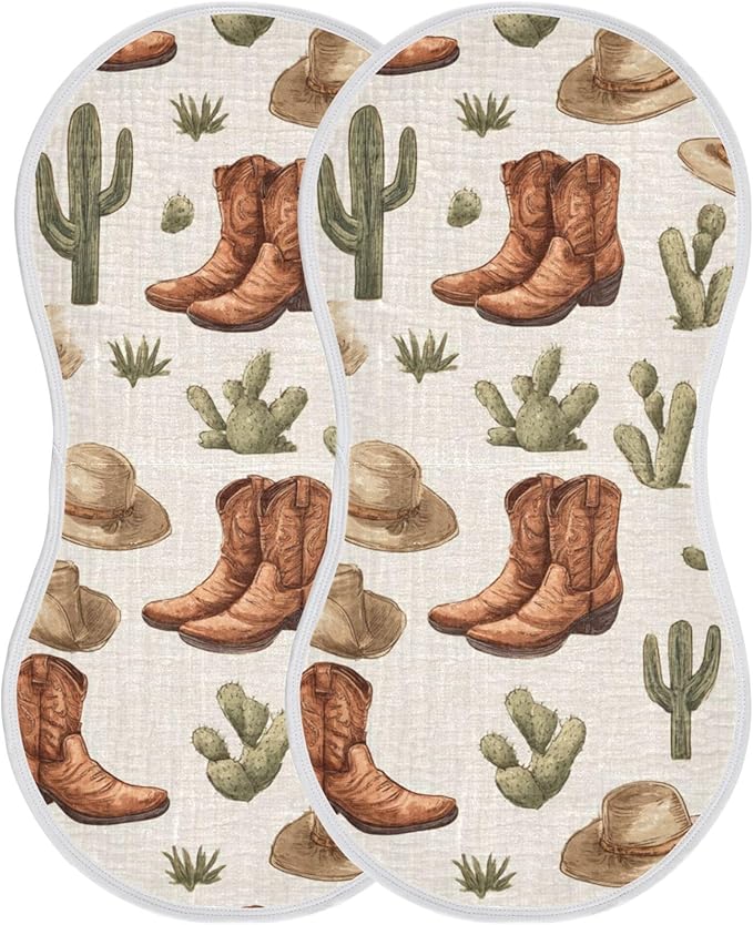 Western Cowboy Boot Retro Burp Cloths Baby Boys Girls Absorbent Soft Cotton Burping Cloths Rags, 2 Pack