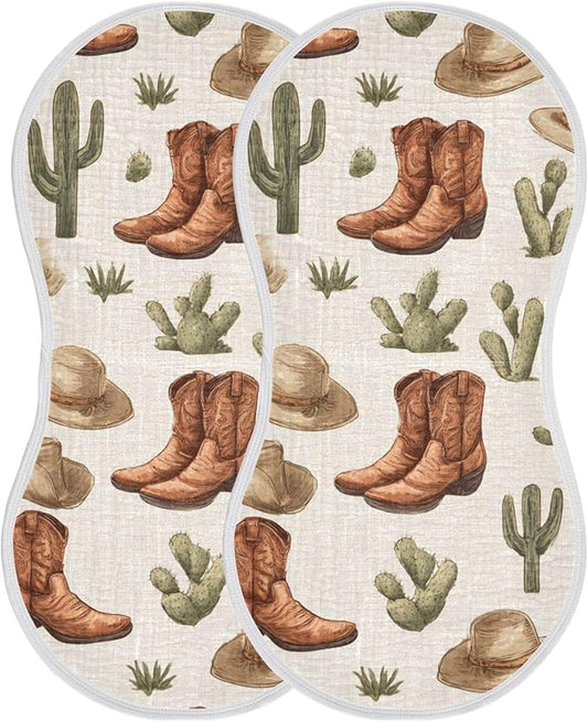 Western Cowboy Boot Retro Burp Cloths Baby Boys Girls Absorbent Soft Cotton Burping Cloths Rags, 2 Pack