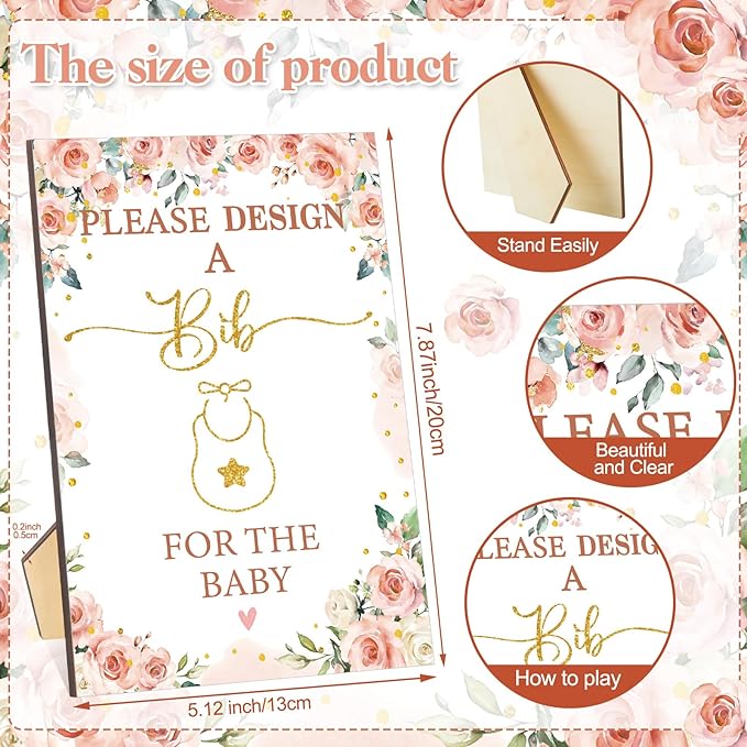 Panitay 100 Pcs DIY Baby Bibs Decorating Kit 50 White Bibs 25 Stencils 24 Markers 1 Baby Shower Game Sign