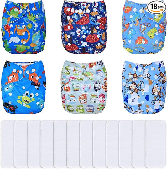 TDIAPERS Cloth Diapers Reusable Washable Pocket Diapers Cover One Size Adjustable for Baby 6 Pack with 12 Inserts