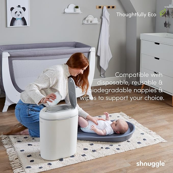 Shnuggle Changing Essentials Bundle - Squishy Changing Mat Taupe + Eco-Touch Diaper Bin + Better Bag Liners - Wipeable, Odor-Locking, Eco-Friendly, No Costly Refills