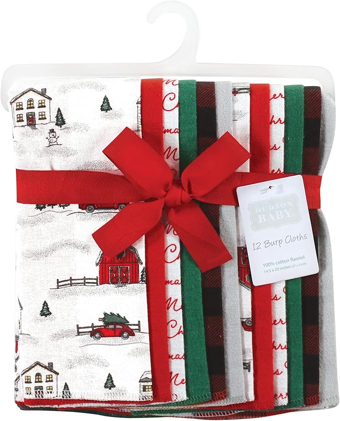 Hudson Baby Unisex Baby Cotton Flannel Burp Cloths Bundle, Christmas Scene, One Size