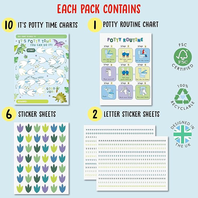 Potty Training Sticker Chart for Boys x10 pcs - Potty Time Dinosaurs- Potty Training Rewards for Toddlers Boys - Reward Sticker Chart Routine Calendar - Train to Poop - by Central 23