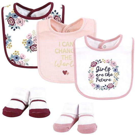 Hudson Baby Infant Girl Cotton Bib and Sock Set, Girls World, One Size