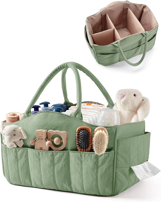 Marscamd Quilted Baby Diaper Caddy with Detachable Dividers and Wipes Pocket, Lightweight Baby Caddy Organizer with Handles and 8 Pockets for Baby Stuff, Green
