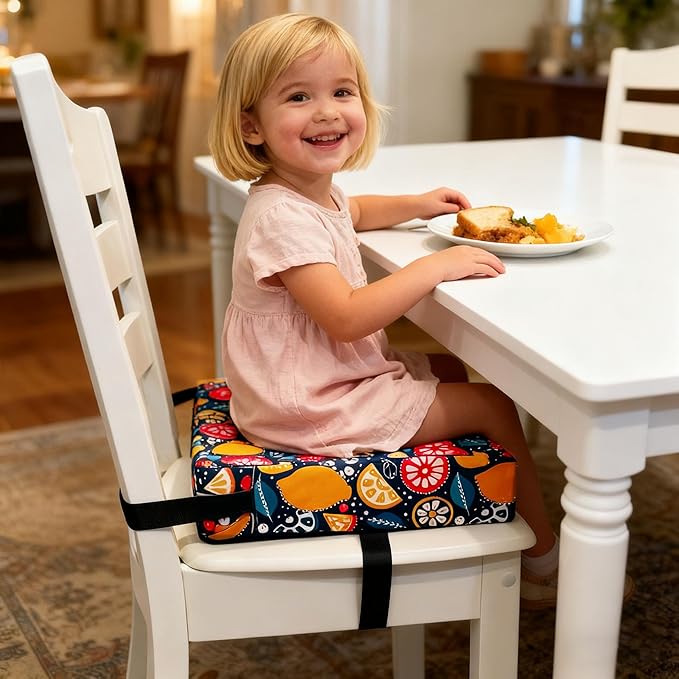 Toddler Booster Seats for Kitchen Chair with Double Safer Straps Non-Slip Bottom for Kids, Portable Travel High Density Sponge Detachable Cushion for Boys Girls (Fruit)