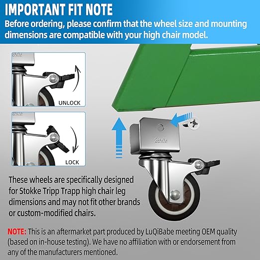 4-Pack 360° Rotation Metal Baby Highchair Wheels Compatible with Stokke Tripp Trapp High Chair, 2-Inch Silent Casters with Steel Brackets and 8-Pcs Screws, Wheels for Tripp Trapp Highchair