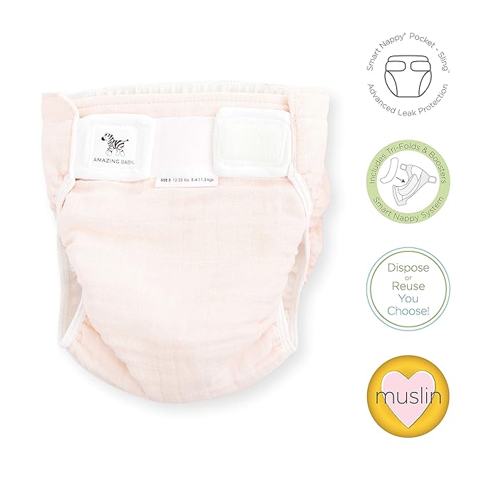 Amazing Baby Hybrid Cloth Diaper Cover with Pocket-Sling, Med, Sz 3 (12-25 lbs), Use with Boosties Inserts, Soft Pink, SmartNappy Set includes Muslin Cover + Tri-fold Insert + Booster Pad