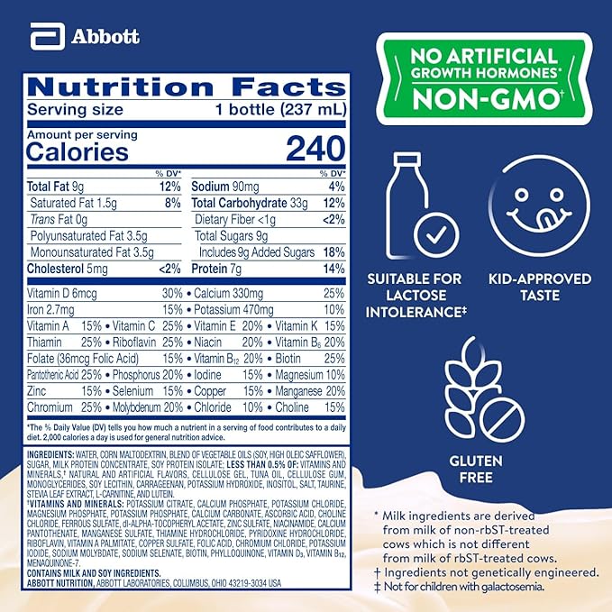 PediaSure Grow & Gain with Immune Support, 27 Vitamins & Minerals for Kids, 7g Protein, Non-GMO, Gluten-Free, Vanilla, 8-fl-oz Bottle, Pack of 24