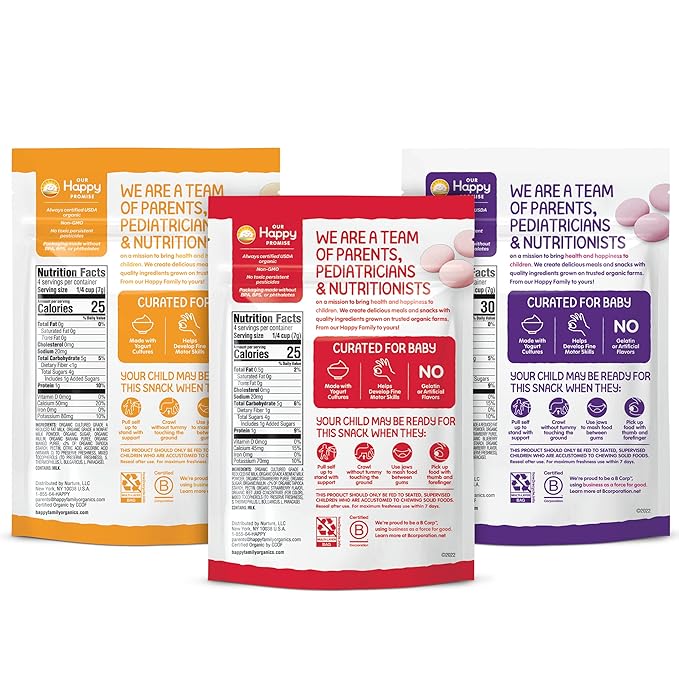 Happy Baby Organics Yogis Freeze-Dried Yogurt & Fruit Snacks, 3 Flavor Variety Pack, 1 Ounce (Pack of 3) & Happy Baby Organics Teether, 3 Flavor Variety Pack, 12 Count (Pack of 3)