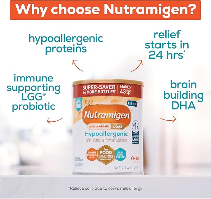 Enfamil Nutramigen Hypoallergenic Baby Formula+ Iron,Lactose Free,Colic Relief from Cow's Milk Allergy Starts in 24 Hours,Brain Building DHA,Probiotic LGG for Immune Support, 27.8 Oz Can (Pack of 2)