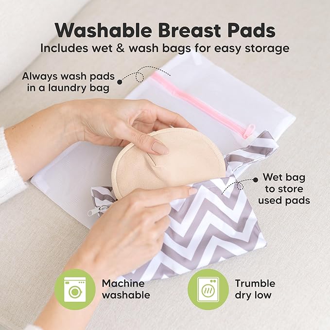 Organic Nursing Pads - 14 Washable Breast Pads for Breastfeeding, Wash Bag, Viscose Derived from Bamboo Reusable Nipple Covers for Breastfeeding Essentials, Soft & Absorbent (Bare Beige, L 5")