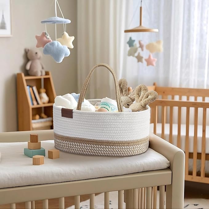 DECOMOMO Baby Caddy Organizer, Mother's Day Diaper Caddy Basket, Baby Baskets for Baby Shower (Spiral Beige & White, Large)