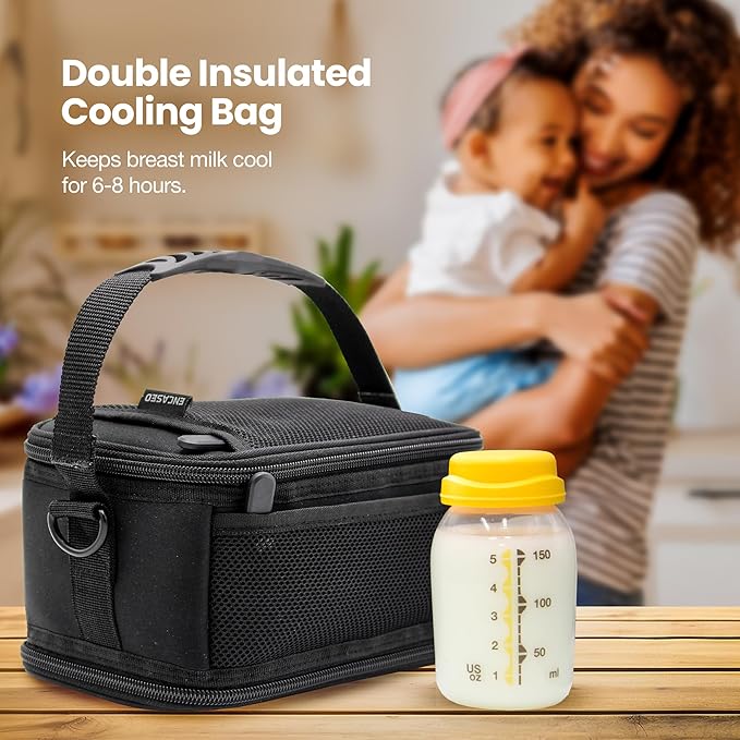 FreezeN'Go Breast Milk Cooler Travel Bag (6 Built-in Ice Packs) Designed for 5oz Medela Express Baby Bottles and Breastmilk Storage Bags - Freezable Insulated Tote with Handle and Padded Strap