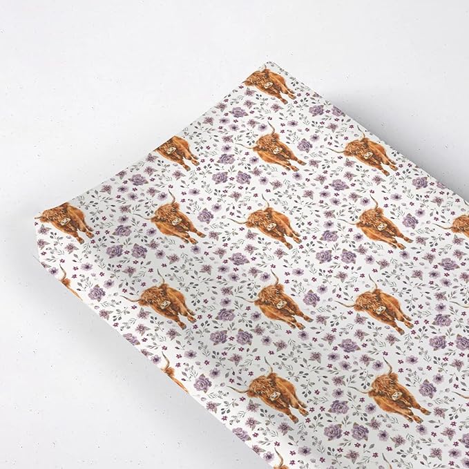 Highland Cow Flowers Floral Leaves Pattern Baby Changing Pad Cover, Unisex Western Farm Animals Nursery Diaper Changing Table Pad Mat Sheet for Boys Girls-16x32