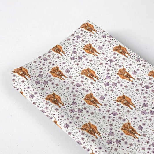 Highland Cow Flowers Floral Leaves Pattern Baby Changing Pad Cover, Unisex Western Farm Animals Nursery Diaper Changing Table Pad Mat Sheet for Boys Girls-16x32