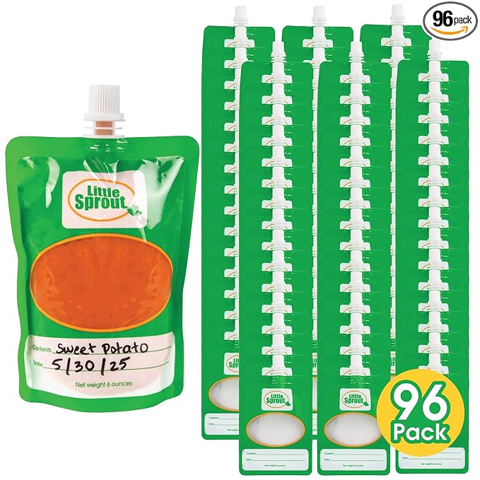 Disposable 6oz Baby Food Storage Pouch Containers, 96 Pack- Write What You Want Squeezable Pouches- Make Homemade Organic Food for Babies/Toddlers- Works with Most Filling Stations Including Infantino