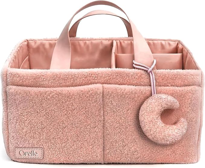 Orelle Bouclé Diaper Caddy Organizer with Matching Pouch & Moon Pendant | Teddy Portable Changing Table Organizer | Pink Diaper Caddy | Must-Have Baby Shower Gifts | Pink
