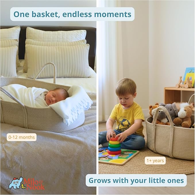 Milo & Nook Baby Changing Basket with Pad – Soft Cotton Moses Basket, Waterproof Liner & Soft Cover, Portable Changing Basket for Newborn Nursery, Machine-Washable Cover