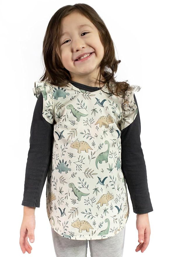 BapronBaby Flutter Foliage Dinos Bapron - No Neck Tie Safer Bib for Baby & Toddler - Soft Waterproof Stain Resistant - Machine Washable - Sz Preschool 3-5yrs