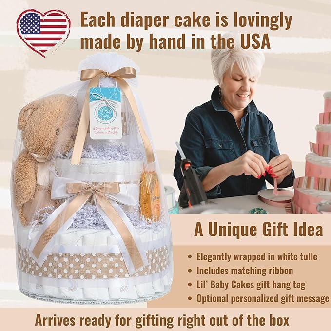 Lil' Baby Cakes Gender Neutral Diaper Cake for Baby Showers or Newborn Gift - Handmade Baby Gift with 42 Swaddler 1 Diapers - Neutral Cake with Plush Teddy Bear - Size 10 in x 12