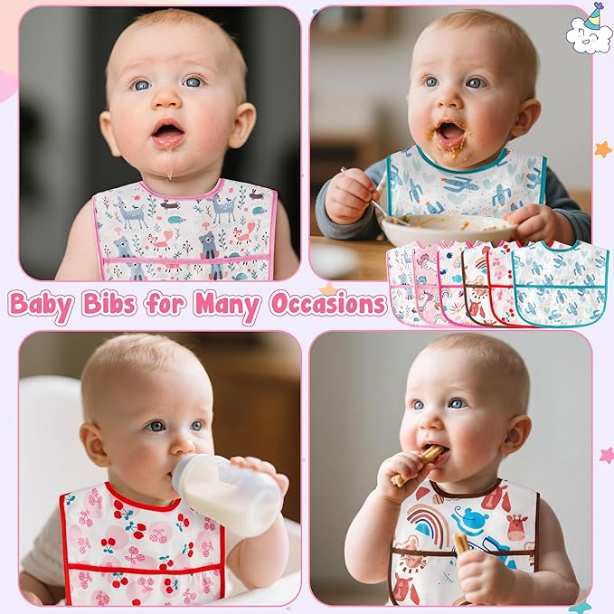 Baby Bibs for Eating - 6Pcs Toddler Waterproof Feeding Bibs with Crumb Catcher Pocket Adjustable Sleeveless Teething Plastic Food Bib Set Infant Keepsake Gift for Baby Shower, 6-24 Months