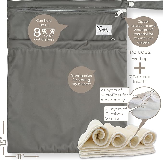 Nora's Nursery AWJ Cloth Diapers 7 Pack with 1 Wet Bag - Waterproof Cover, Washable, Reusable & One Size Adjustable Pocket Diapers for Newborns and Toddlers - Hickory