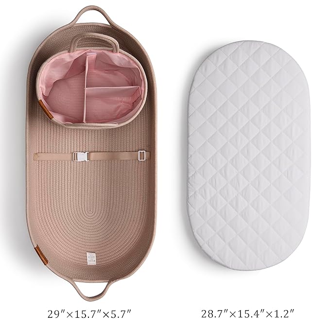 PeraBella XL Baby Changing Basket for Dresser Top, Moses Baskets for Newborn, Portable Baby Diaper Changing Pad Table Topper for Dresser, Moses Bassinet Mat with Waterproof Pad Cover and Diaper Caddy