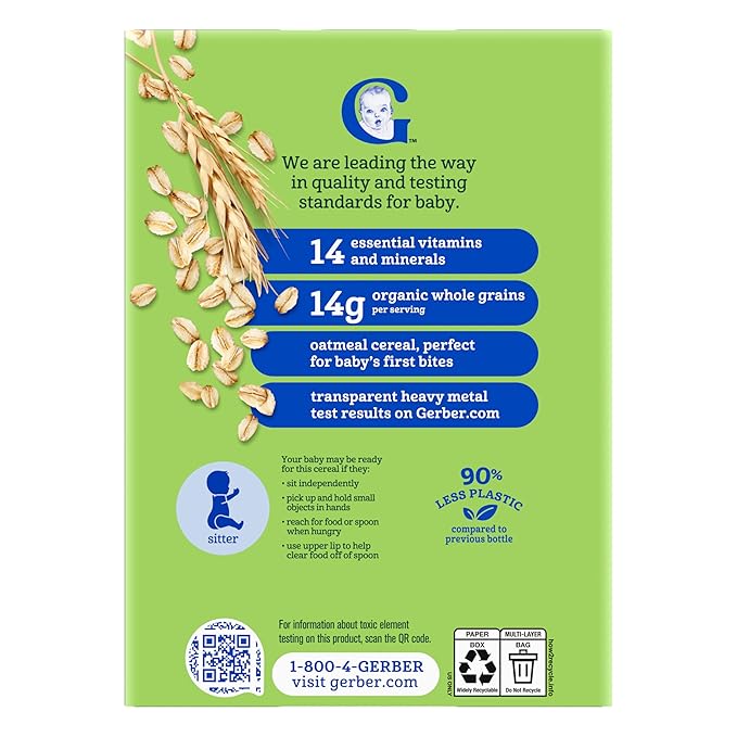 GERBER ORGANIC FOR BABY GRAIN AND GROW 1st Food Oatmeal Cereal 5x8oz