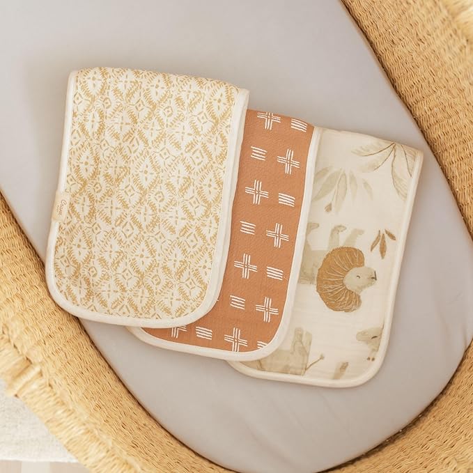 Crane Baby Muslin Baby Burp Cloths, Lightweight Absorbent Burp Cloth, Safari Animal, Set of 3, 7" x 20", Newborn Baby Essentials, Burp Cloths Baby Boy, Burp Cloths Baby Girl, Baby Newborn Essentials