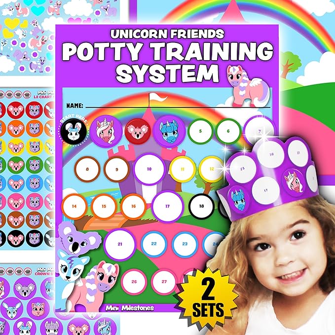 17PC Toddler Unicorns Potty Training Chart Behavior Chart for Toddlers, Potty Chart, Toddler Reward Stickers, Reward Chart for Kids, Crown & Activity Board by LIL ADVENTS Mini Milestones + eBook