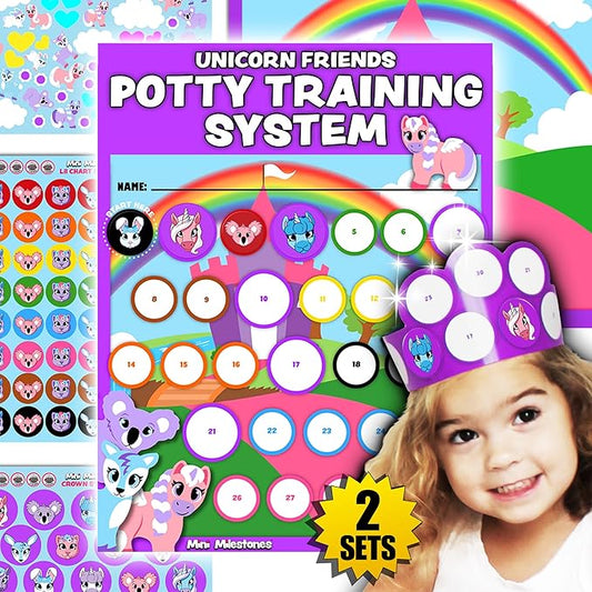 17PC Toddler Unicorns Potty Training Chart Behavior Chart for Toddlers, Potty Chart, Toddler Reward Stickers, Reward Chart for Kids, Crown & Activity Board by LIL ADVENTS Mini Milestones + eBook