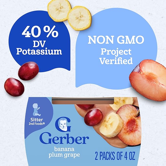 Gerber Stage 2 Baby Food, Banana Plum Grape Puree Tubs, No Artificial Colors or Flavors, Baby Puree, 16-Pack