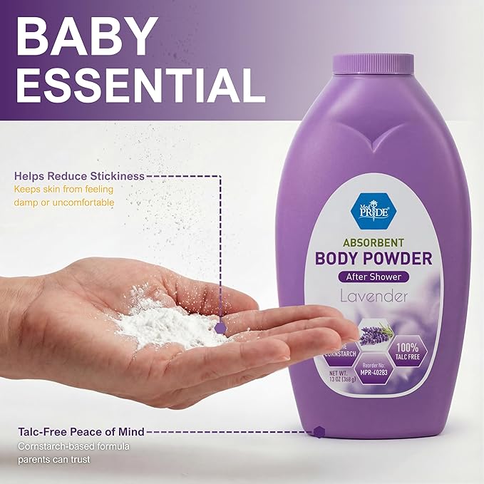 MED PRIDE Talc Free Cornstarch Body Powder with Lavender Scent, Moisture Absorbing Skin Care for Daily Freshness, Cruelty Free Formula, 13 Ounce Bottle