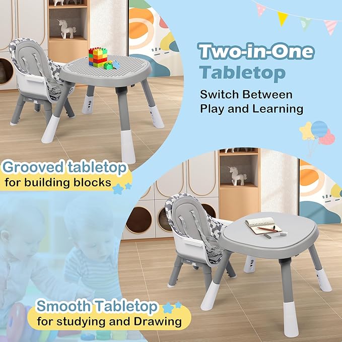 Xilingol 15-in-1 Convertible High Chair, 2-in-1 Baby Highchair & Activity Center W/Toys, Booster Seat | Building Block Table | Toddler Chair W/Removable Tray & 5-Point Harness & 2-Layer Cushion(Grey)