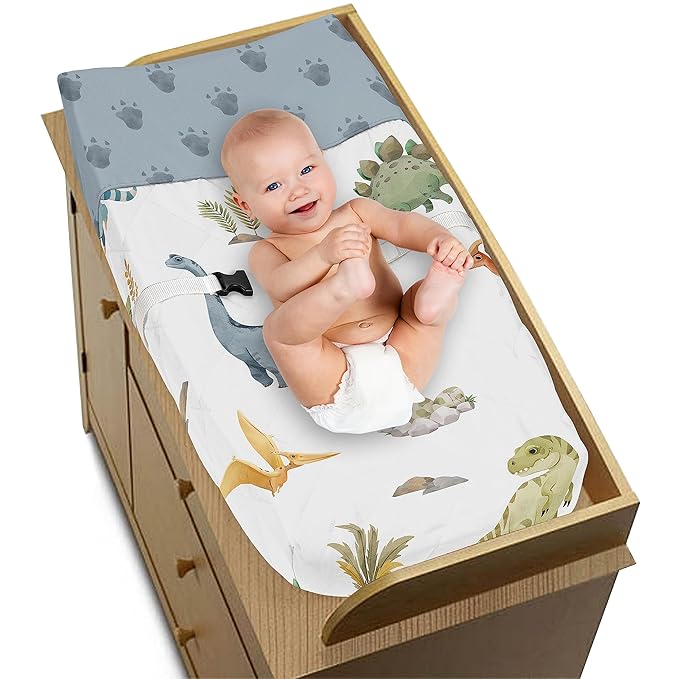 Sweet Jojo Designs Watercolor Dinosaur Dino Baby Boy Changing Pad Cover Infant Newborn Diaper Table Change Mat Sheet Green Slate Blue White Modern Dinosaurs Jurassic Animal Tracks Footprint Steel