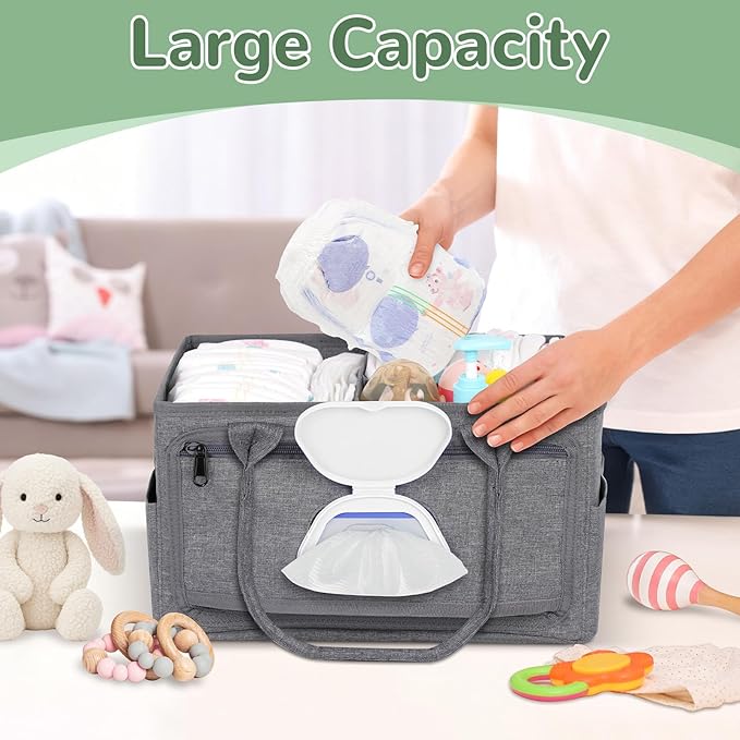 Volnamal Diaper Caddy with Wipe Dispenser One-Handed Access, Premium Diaper Organizer, Portable Car Organizer Nursery Basket for Newborn Essentials, Baby Registry Must Haves for Boys & Girls,Grey