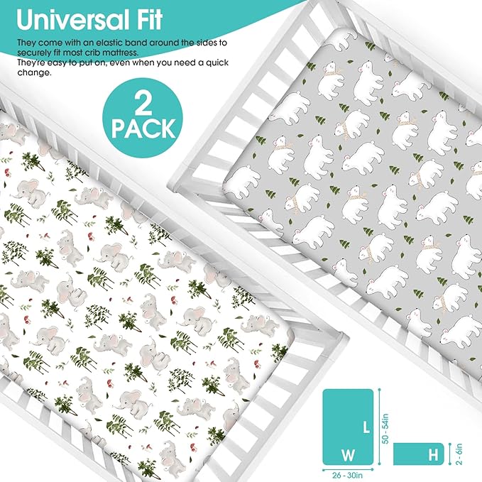 BROLEX Baby Fitted Crib Sheets: Kid Crib Sheets - Set of 2 for Toddler Standard Size Crib Mattress for Boys and Girls - Jersey Knit Crib Bed Sheets Elephants&Bears