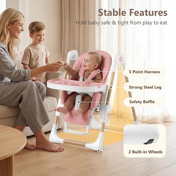 Kinder King Convertible High Chair for Babies & Toddlers, Adjustable Baby Feeding High Chair with Removable Double Tray, Simple Compact Fold for Space-Saving, 2 Built-in Wheels, Easy to Clean